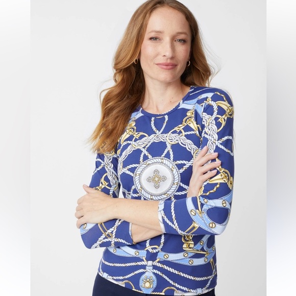 J. McLaughlin Blue and Gold Nautical Print Catalina cloth top size small - Picture 2 of 9